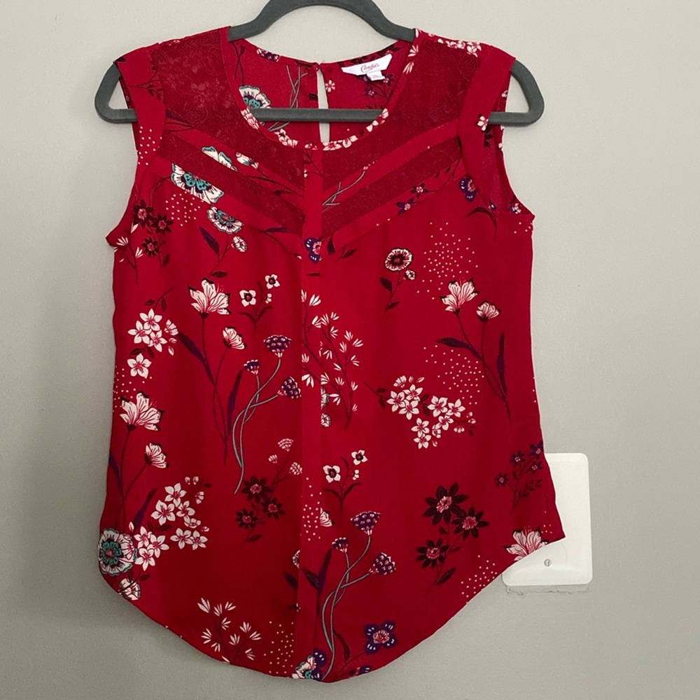 Red Floral & Lace Cap Sleeve Blouse